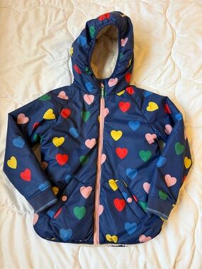 Mini Boden Kids Navy Heart-Print Hooded Sherpa Lined Jacket